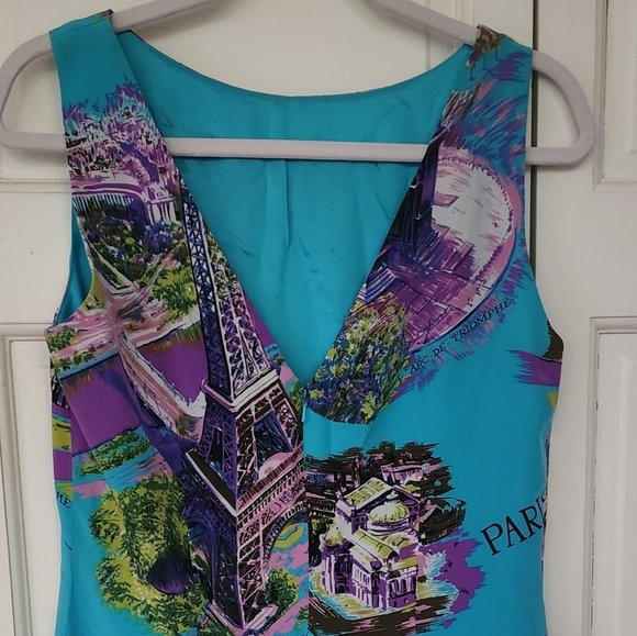 Muse Blue and Purple Paris Print 100% Sillk Dress. - Picture 5 of 7